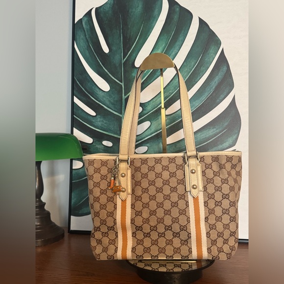 Gucci Handbags - Gucci Brown and Cream Sherry Line Monogram Tote with Original Charms